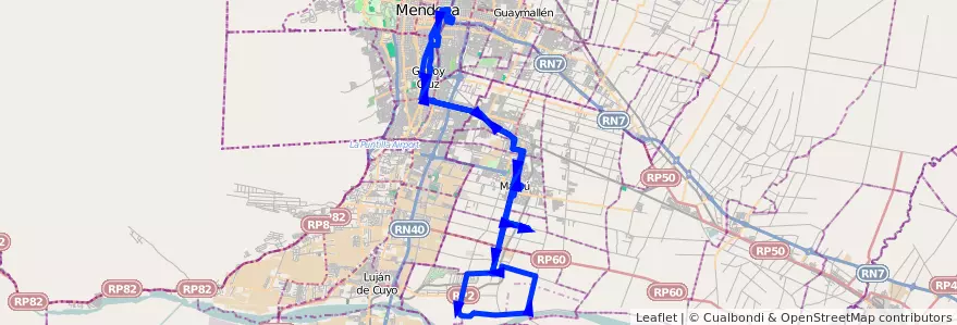 Mapa del recorrido 182 - Mendoza - Lunlunta por El Alto - Regresa por El Bajo - Superiora de ida y vuelta de la línea G10 en Mendoza.