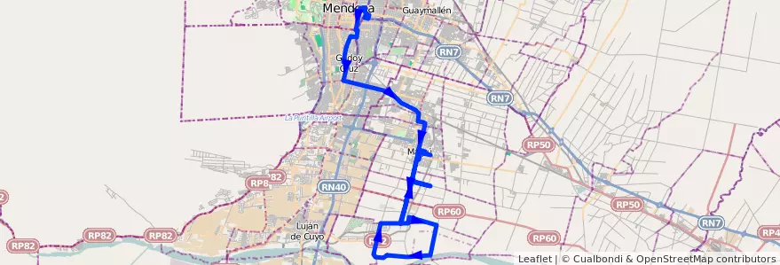 Mapa del recorrido 182 - Mendoza - Lunlunta por El Bajo - Regresa por El Alto - Superiora de ida - Maipú de la línea G10 en Mendoza.