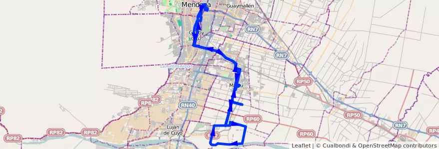Mapa del recorrido 182 - Mendoza - Lunlunta por El Bajo - Regresa por El Alto - Superiora de ida y de vuelta de la línea G10 en Мендоса.