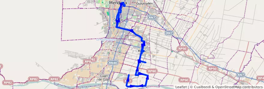 Mapa del recorrido 182 - Mendoza - Lunlunta por El Bajo - Superiora de ida y vuelta de la línea G10 en Mendoza.
