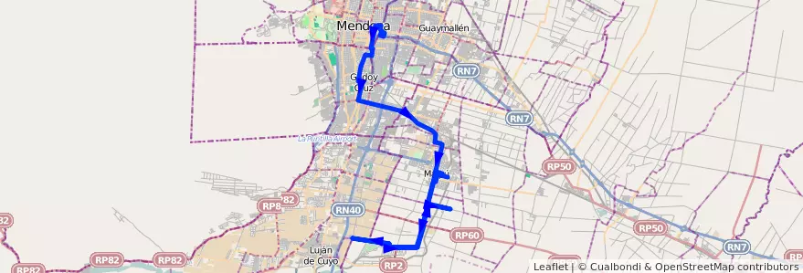 Mapa del recorrido 182 - Mendoza - Recoaro - Superiora de ida - Maipú de la línea G10 en Mendoza.