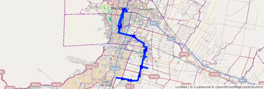 Mapa del recorrido 182 - Mendoza - Recoaro - Superiora de vuelta de la línea G10 en Мендоса.