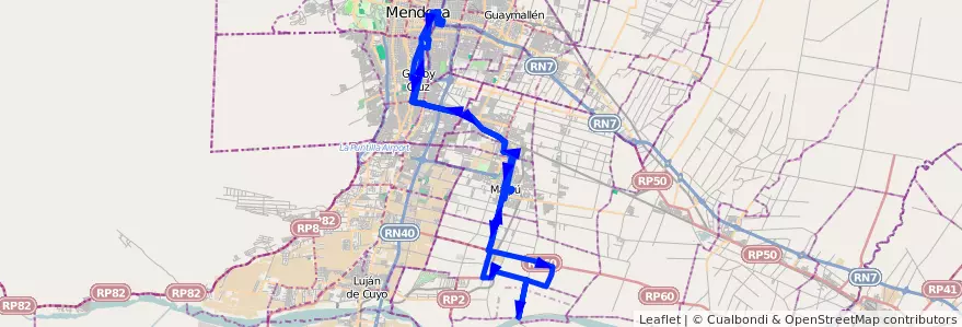 Mapa del recorrido 182 - Mendoza - Tres Esquinas - Pedro Molina - Hasta el Río Mendoza de la línea G10 en Мендоса.