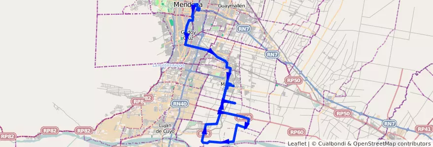 Mapa del recorrido 182 - Mendoza - Tres Esquinas - Pedro Molina - Lunlunta - Maipú - Superiora de ida de la línea G10 en Mendoza.