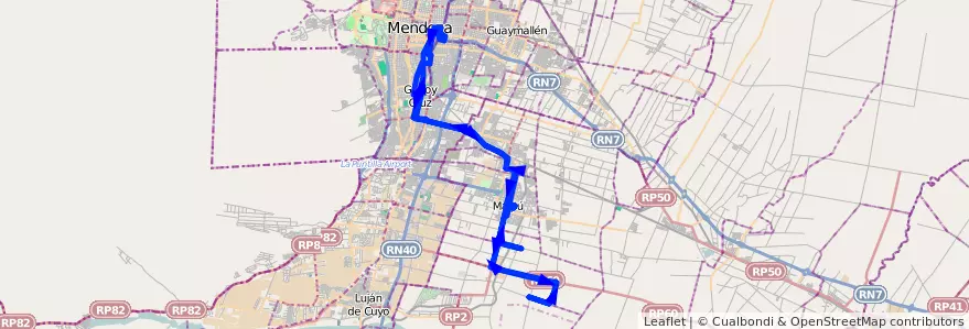 Mapa del recorrido 182 - Mendoza - Tres Esquinas - Pedro Molina - Superiora de ida y vuelta de la línea G10 en メンドーサ州.