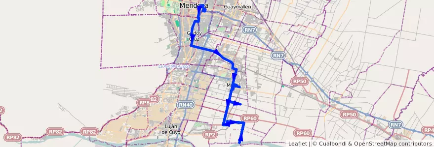 Mapa del recorrido 182 - Mendoza - Tres Esquinas - Superiora de ida - Maipú de la línea G10 en Mendoza.
