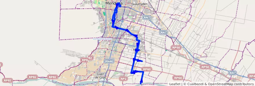 Mapa del recorrido 182 - Mendoza - Tres Esquinas - Superiora de vuelta - Hasta Río Mendoza de la línea G10 en メンドーサ州.