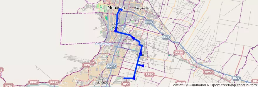 Mapa del recorrido 182 - Recoaro - Superiora - Mendoza de la línea G10 en メンドーサ州.