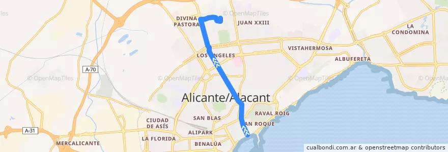 Mapa del recorrido 08: Explanada ⇒ Virgen del Remedio de la línea  en Alacant / Alicante.