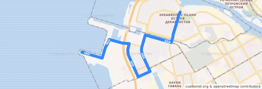 Mapa del recorrido Автобус № 158: Морской фасад => улица Кораблестроителей de la línea  en Василеостровский район.