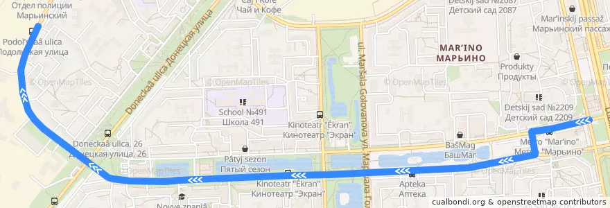 Mapa del recorrido Автобус 625: Метро "Марьино" - Подольская улица de la línea  en район Марьино.