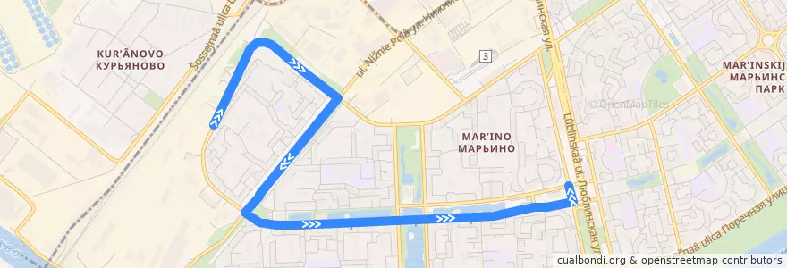 Mapa del recorrido Автобус 625: Подольская улица - Метро "Марьино" de la línea  en район Марьино.