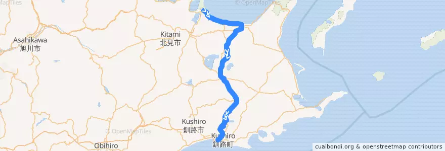 Mapa del recorrido 釧網線 de la línea  en Хоккайдо.