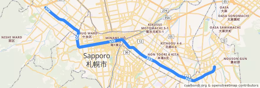 Mapa del recorrido 東西線 de la línea  en Sapporo.