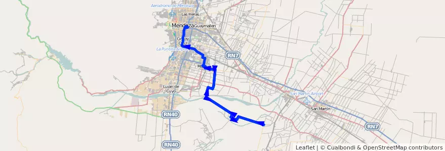 Mapa del recorrido 183 - Maipú - Barrancas por Urquiza - Ida y vuelta por El Carril - Mendoza de la línea G10 en Mendoza.