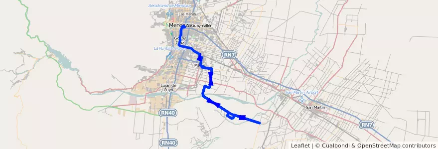 Mapa del recorrido 183 - Maipú - Barrancas por Urquiza ida y vuelta por El Carril - Regresa por El Alto - Mendoza de la línea G10 en Mendoza.