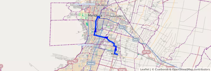 Mapa del recorrido 183 - Maipú - Mendoza - Barrancas de la línea G10 en Mendoza.