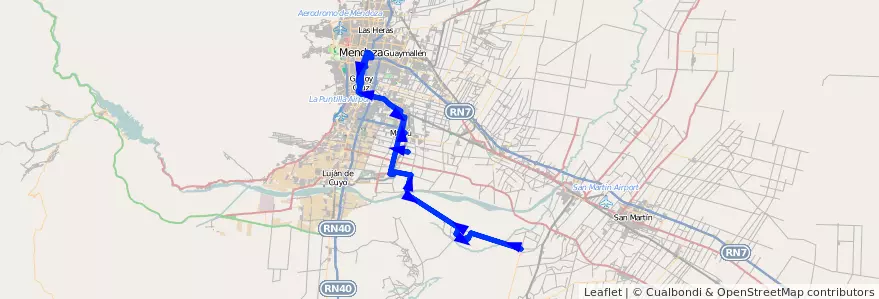 Mapa del recorrido 183 - Mendoza - Barrancas por El Alto de ida y vuelta - Superiora de ida de la línea G10 en Mendoza.