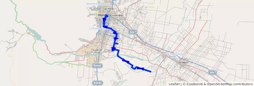 Mapa del recorrido 183 - Mendoza - Barrancas por El Alto de ida y vuelta - Superiora de vuelta de la línea G10 en Мендоса.