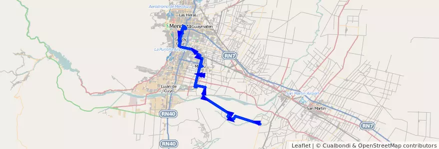 Mapa del recorrido 183 - Mendoza - Barrancas por El Alto Ida y vuelta - Superiora de ida y vuelta de la línea G10 en Мендоса.
