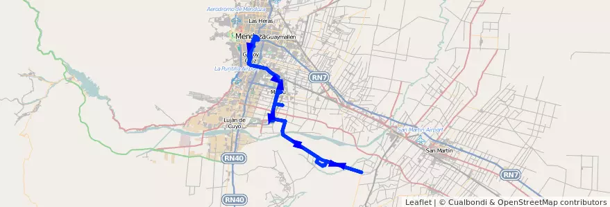 Mapa del recorrido 183 - Mendoza - Barrancas por El Alto Regresa por El Carril - Superiora de vuelta de la línea G10 en メンドーサ州.