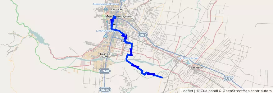 Mapa del recorrido 183 - Mendoza - Barrancas por Urquiza de ida y vuelta por EL Alto de la línea G10 en Мендоса.