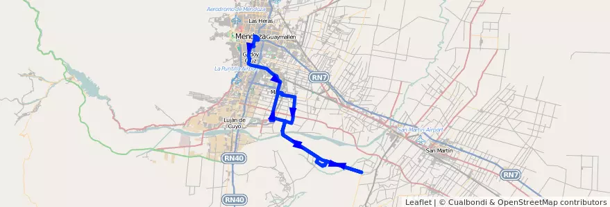 Mapa del recorrido 183 - Mendoza - Barrancas por Urquiza Ida y por El Alto - Regresa por El Carril - Russell - Maipú de la línea G10 en Мендоса.