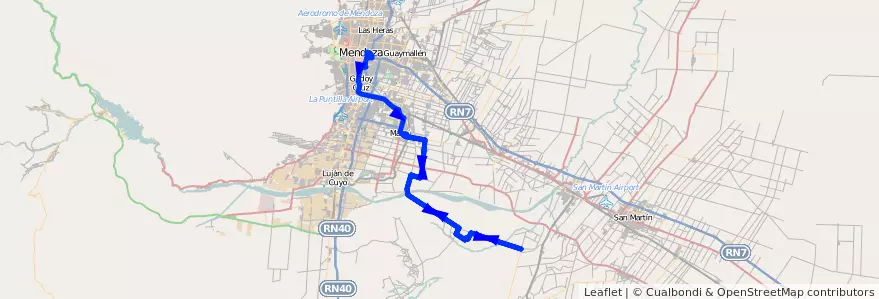 Mapa del recorrido 183 - Mendoza - Barrancas por Urquiza ida y vuelta por El Alto - Maipú de la línea G10 en Мендоса.