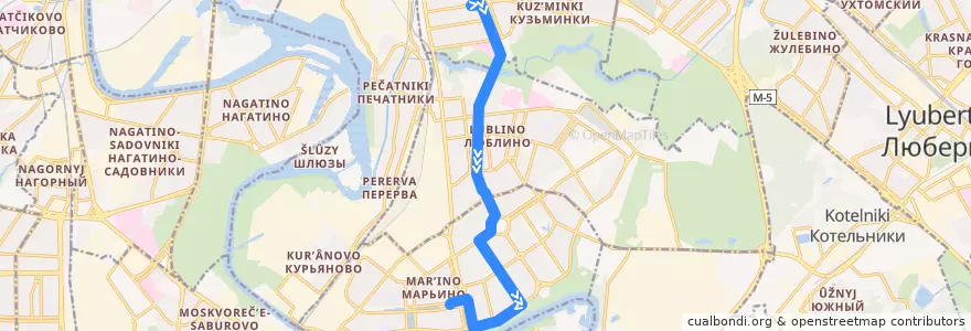 Mapa del recorrido Автобус 713: Волжский бульвар - Метро "Марьино" de la línea  en Юго-Восточный административный округ.