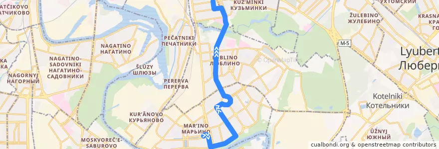 Mapa del recorrido Автобус 713: Метро "Марьино" - Волжский бульвар de la línea  en Südöstlicher Verwaltungsbezirk.