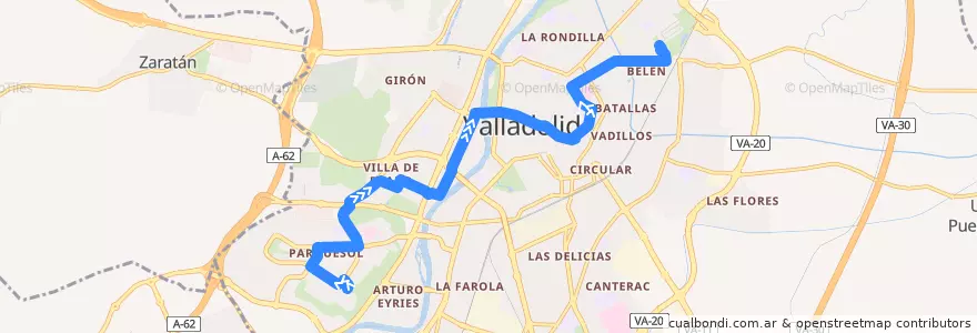 Mapa del recorrido Bus 8: Parquesol => Belén de la línea  en Valladolid.