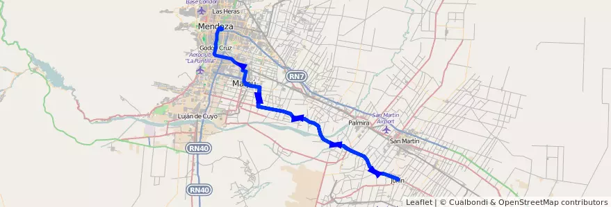 Mapa del recorrido 184 - Maipú - Junín - Mendoza de la línea G10 en Mendoza.