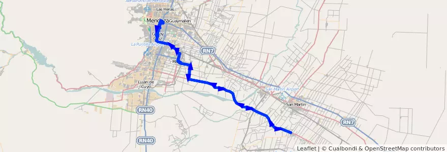 Mapa del recorrido 184 - Mendoza - Junín por Maipú de la línea G10 en Mendoza.