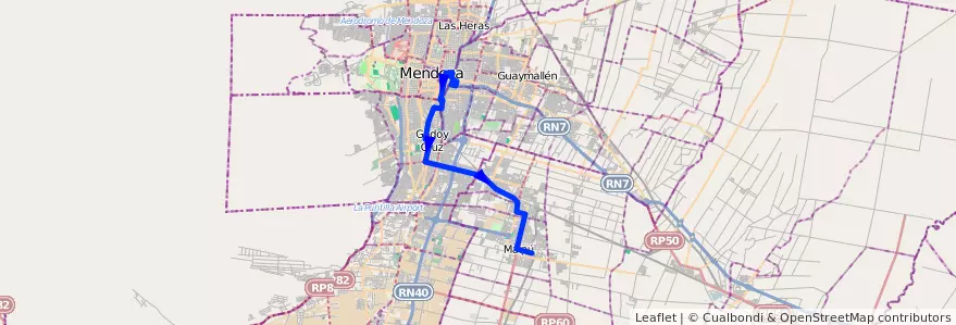 Mapa del recorrido 184 - Mendoza - Maipú - por Junín de la línea G10 en Mendoza.