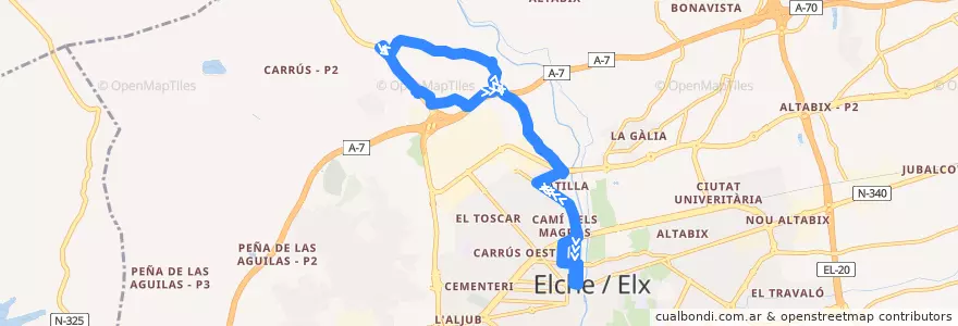 Mapa del recorrido Linea R3 - Centre-Partida de Carrús de la línea  en Elx / Elche.