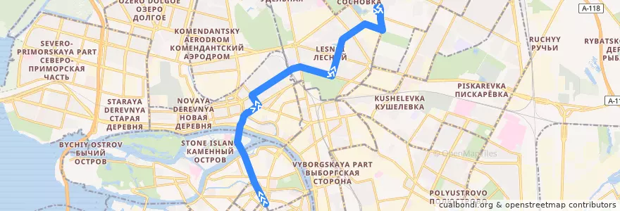 Mapa del recorrido Троллейбус № 34: станция метро «Петроградская» → Тихорецкий проспект de la línea  en Санкт-Петербург.