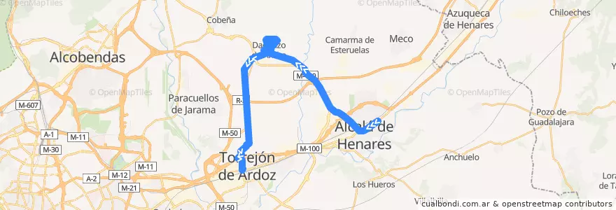 Mapa del recorrido Bus 252: Alcalá de Henares → Daganzo → Torrejón de Ardoz de la línea  en Communauté de Madrid.
