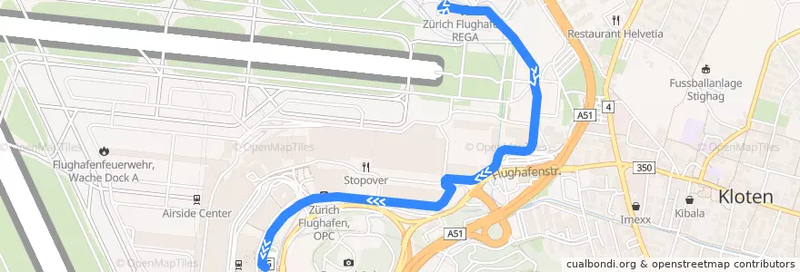 Mapa del recorrido Bus 739: Zürich Flughafen, REGA => Zürich Flughafen, Bahnhof de la línea  en Kloten.