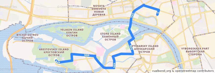 Mapa del recorrido Автобус № 25А: Крестовский остров => Белоостровская улица de la línea  en Санкт-Петербург.