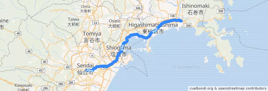 Mapa del recorrido JR仙石線 de la línea  en Préfecture de Miyagi.