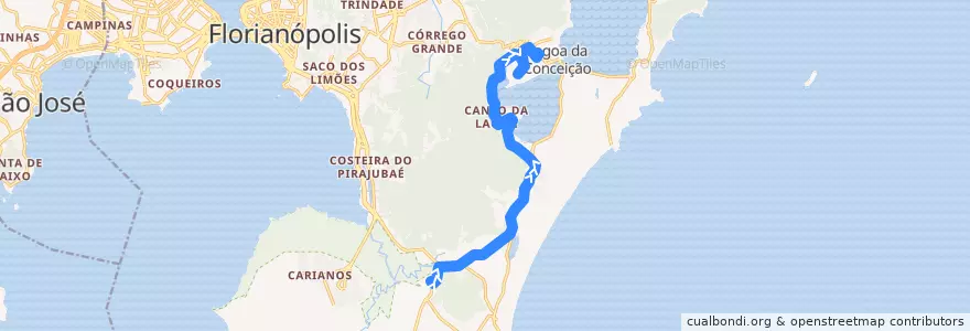 Mapa del recorrido Ônibus 843: Lagoa/Rio Tavares, TIRIO => TILAG, Volta de la línea  en Florianópolis.