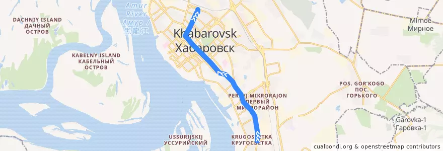 Mapa del recorrido Трамвай 8: Трампарк - ЖД Вокзал de la línea  en ハバロフスク地区.