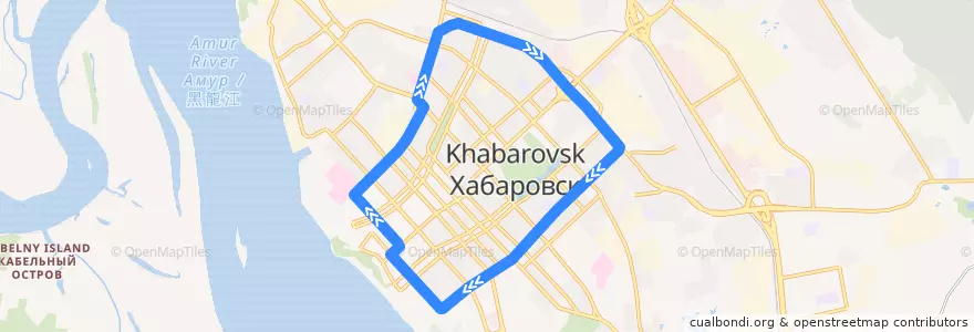 Mapa del recorrido Автобус 1Л: Железнодорожный вокзал - Площадь Славы - Окружной универмаг - Железнодорожный вокзал de la línea  en Khabarovsk.