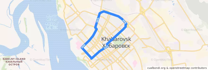 Mapa del recorrido Автобус 61К: Железнодорожный вокзал - ул. Истомина - ул. Калинина - Железнодорожный вокзал de la línea  en 伯力市.