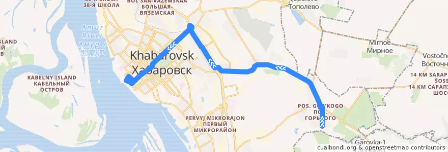 Mapa del recorrido Автобус 14: СНТ "Черёмушки - Комсомольская площадь" de la línea  en ハバロフスク地区.