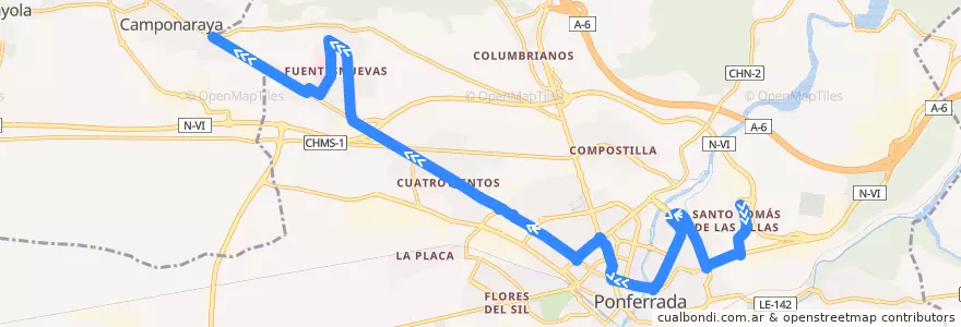 Mapa del recorrido L6:Universidad-Fuentes Nuevas FTM de la línea  en Ponferrada.