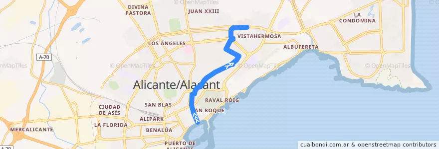 Mapa del recorrido 10: Explanada ⇒ Gran Via ⇒ Via Parque (C.C. Vistahermosa) de la línea  en Alacant / Alicante.