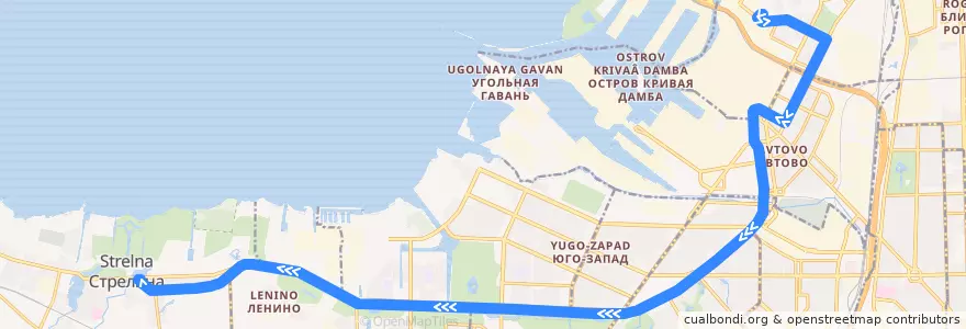 Mapa del recorrido Трамвай № 36: Оборонная улица => Стрельна de la línea  en Sankt Petersburg.