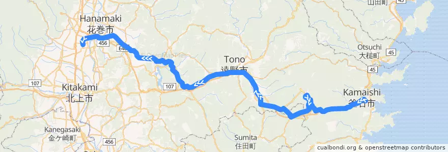 Mapa del recorrido JR釜石線 de la línea  en 岩手県.