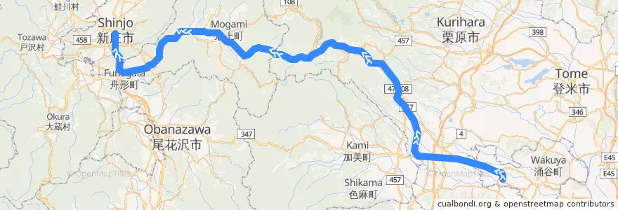 Mapa del recorrido JR陸羽東線 de la línea  en Jepun.